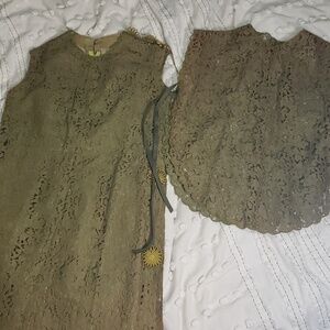 Vintage 20s homemade 3 piece green base, lace and poncho/bib set